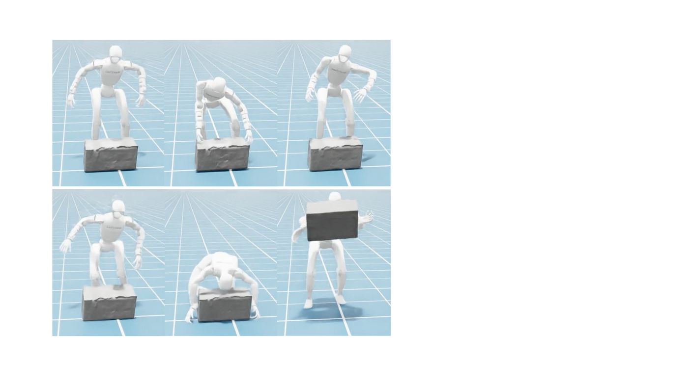 Box-lifting motion in simulation: with contact off the box is left untouched; with contact on the robot grasps and lifts it.